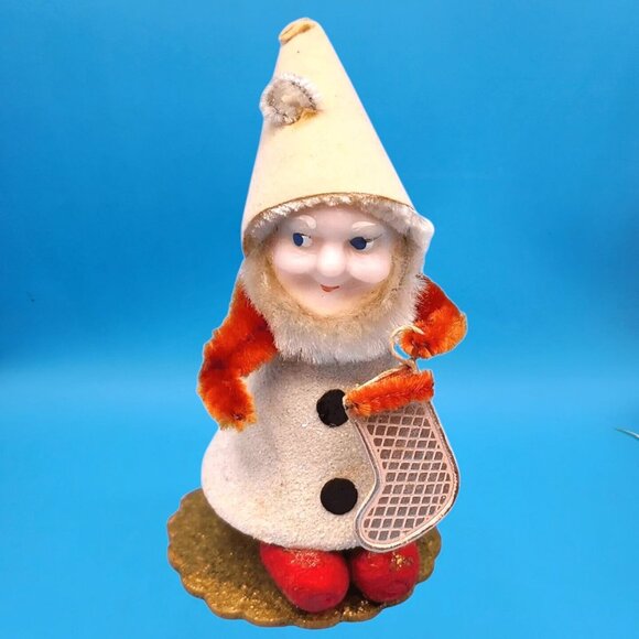 Vintage 1950s Putz Elf Ornament Red Chenille Foil Stocking Mica Accents Japan - Picture 2 of 9